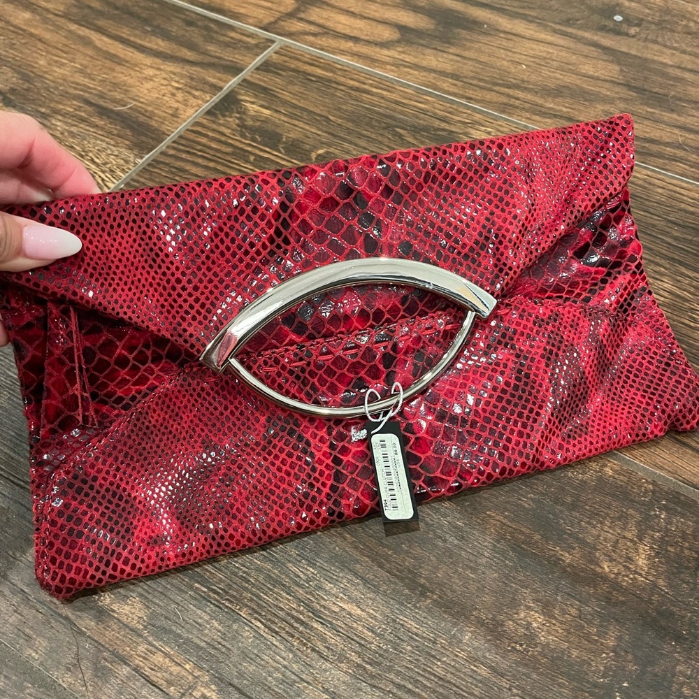 bebe Red Snakeskin Clutch with Silver Handle